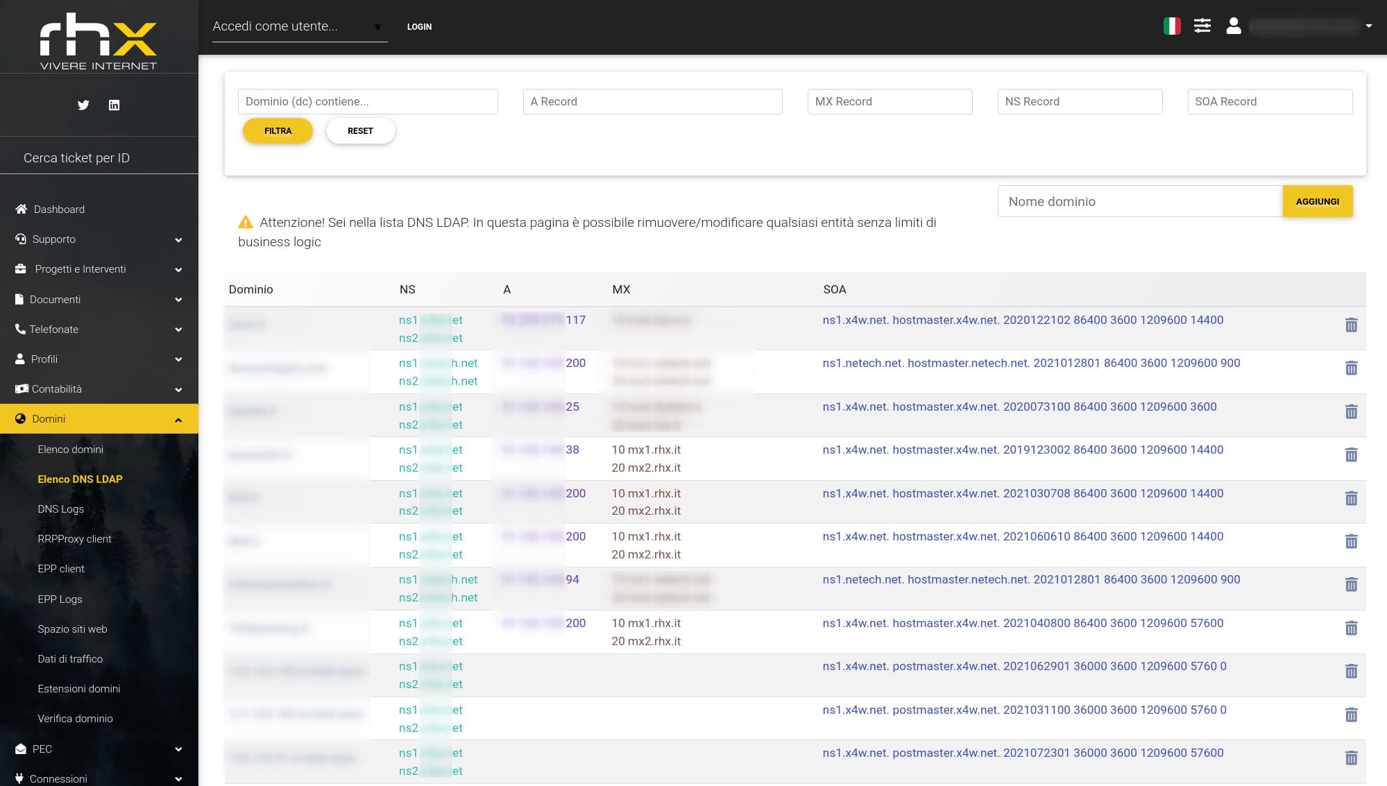 Pannello gestione domini EPP e hosting per Registrar