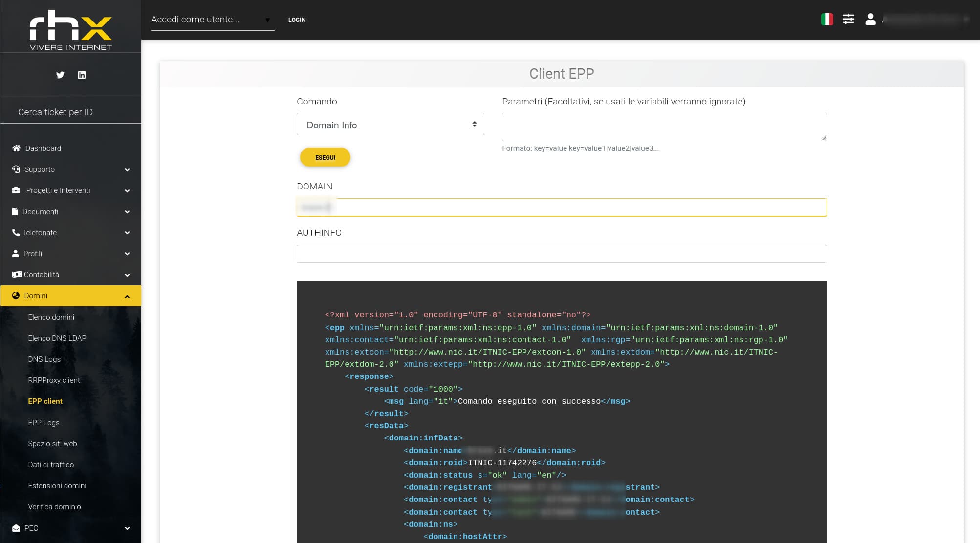 Pannello gestione domini EPP e hosting per Registrar