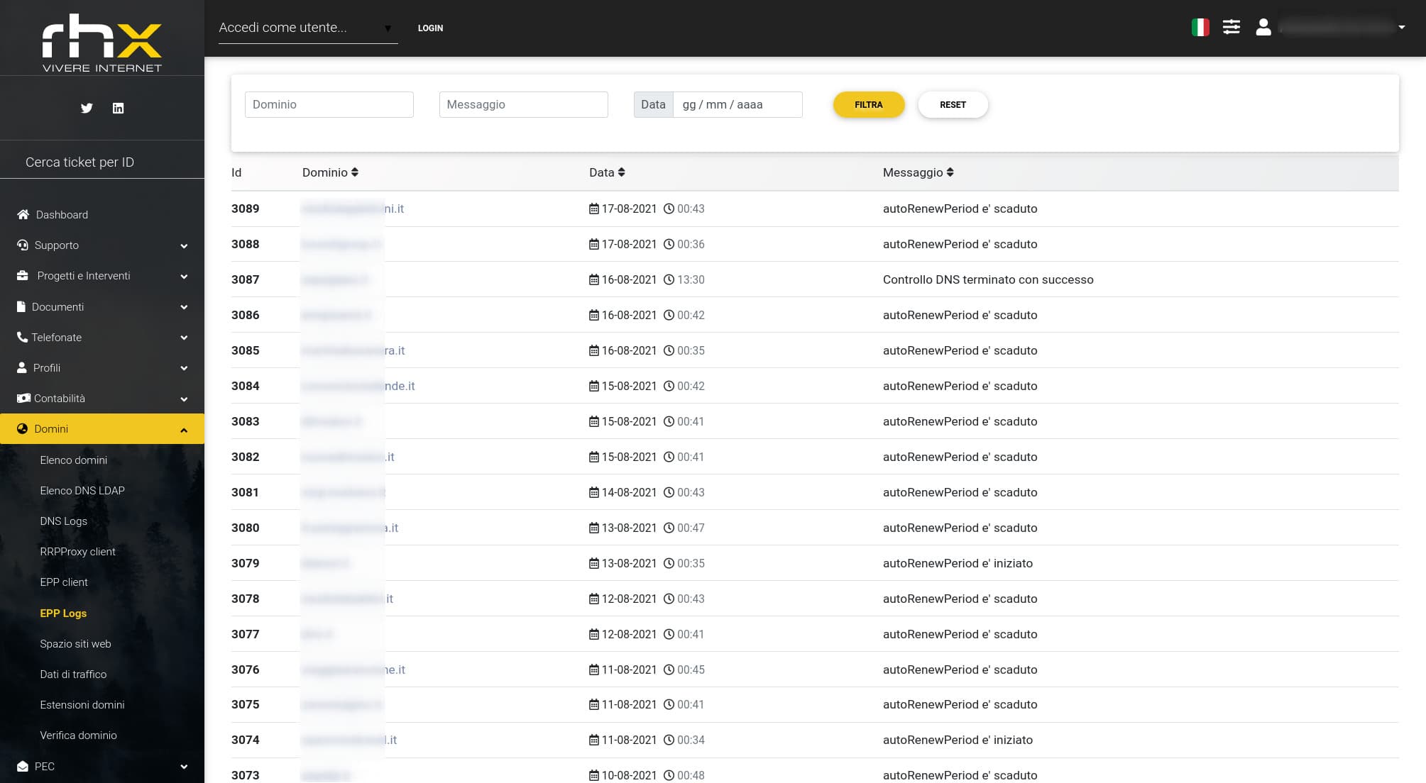 Pannello gestione domini EPP e hosting per Registrar