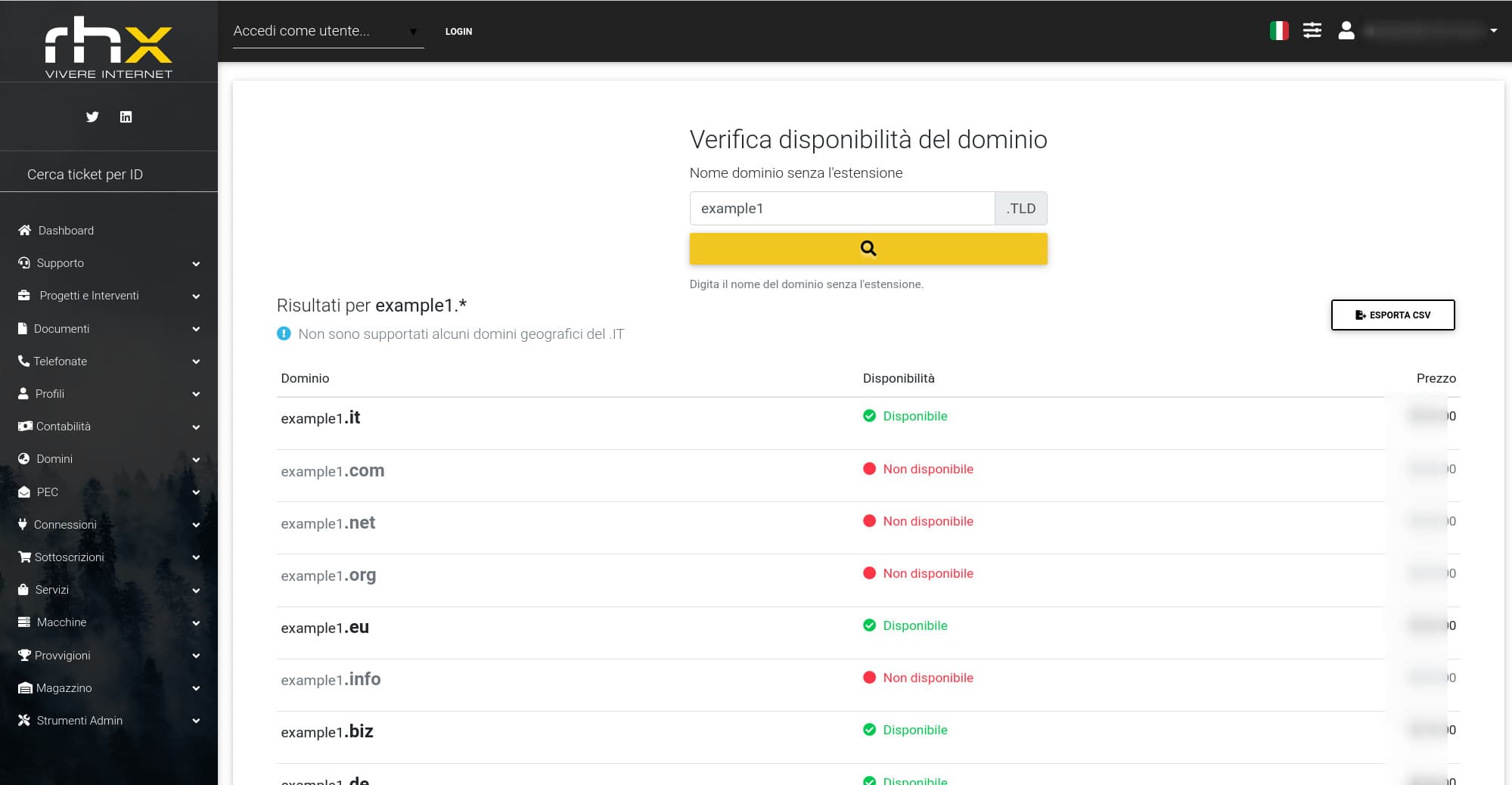 Pannello gestione domini EPP e hosting per Registrar