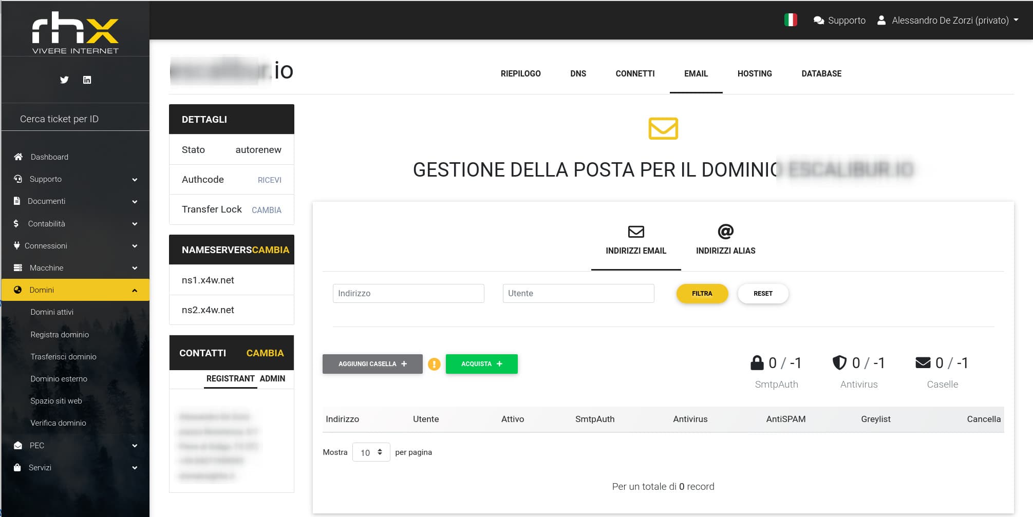 Pannello gestione domini EPP e hosting per Registrar