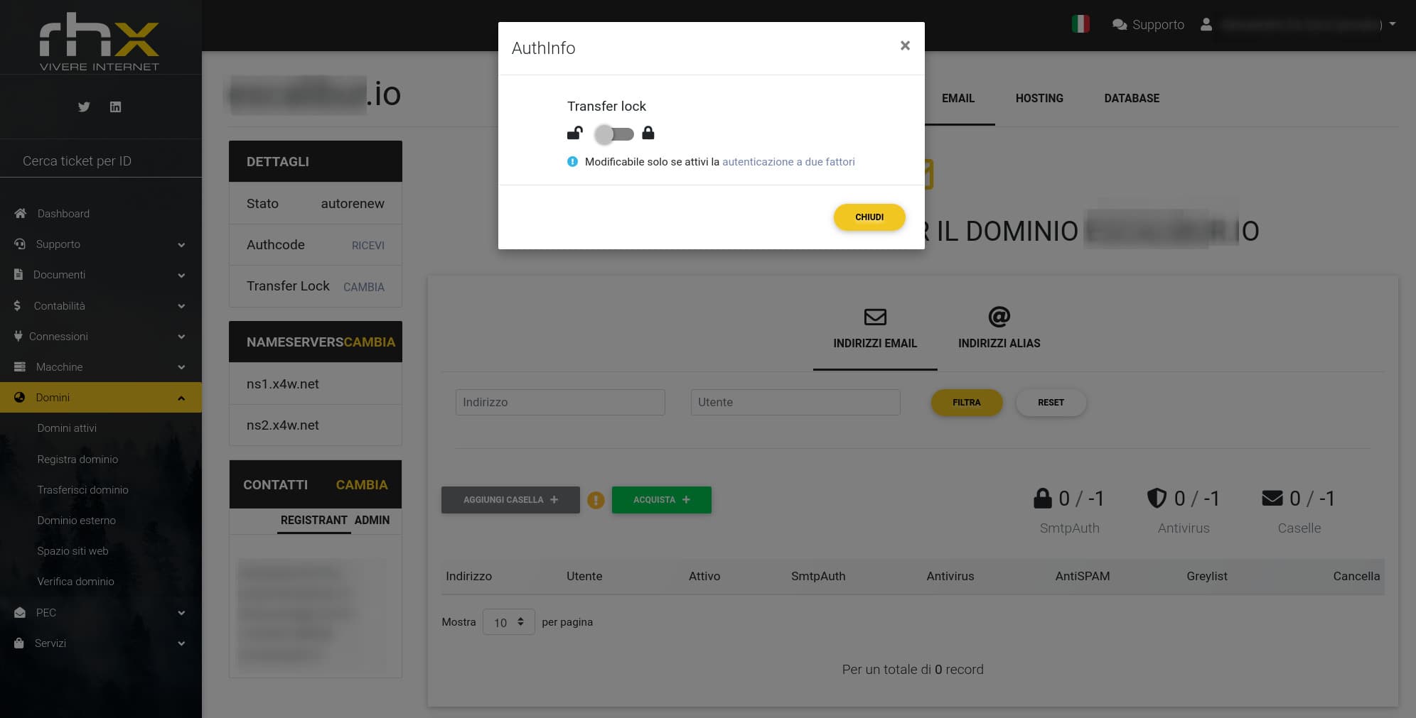 Pannello gestione domini EPP e hosting per Registrar