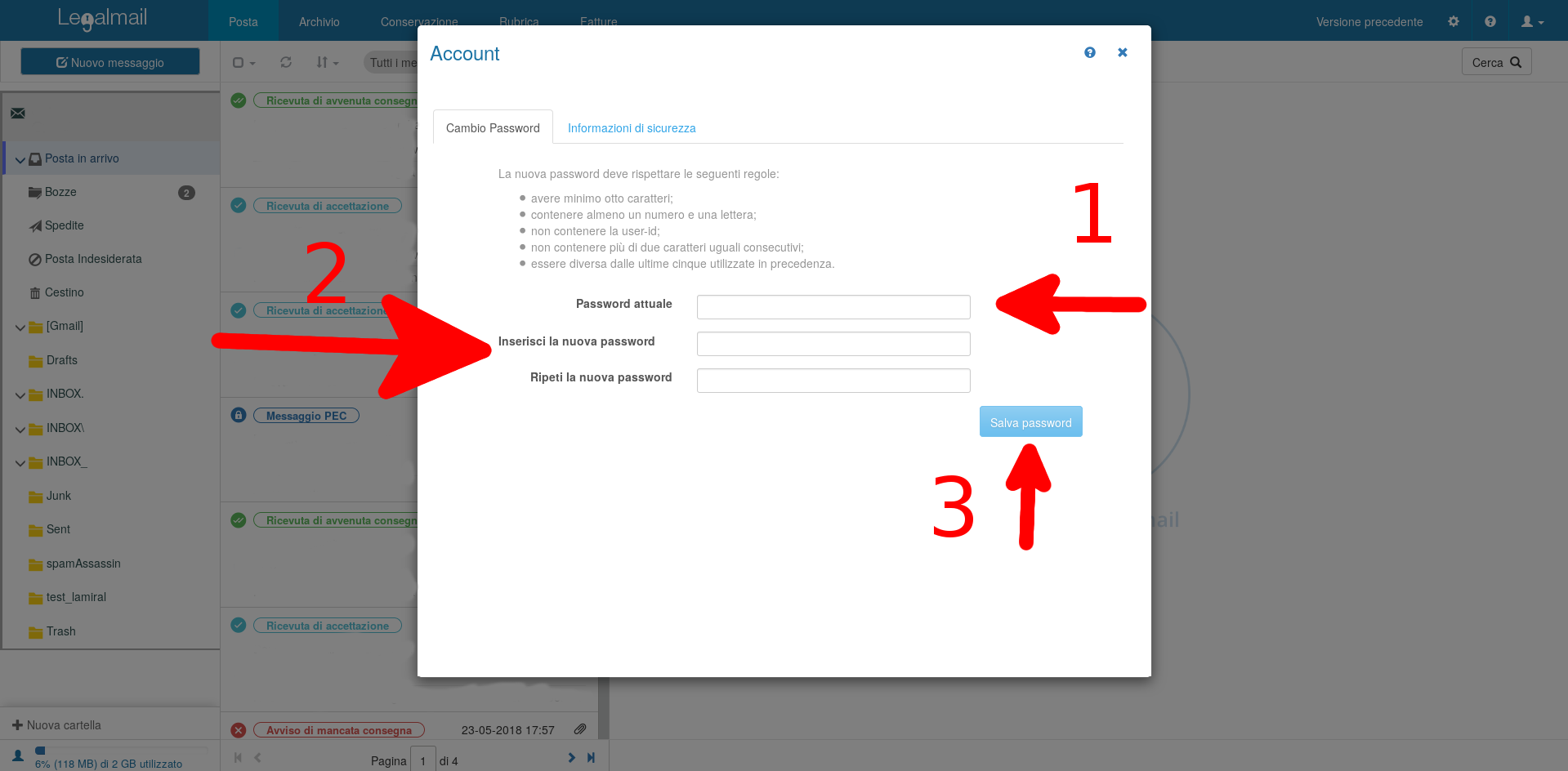 Cambiare password all'account PEC