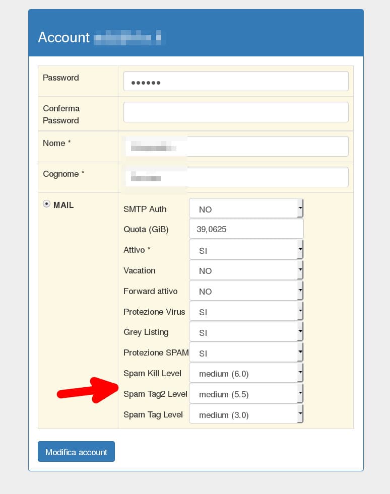 Modificare il livello di protezione dallo SPAM