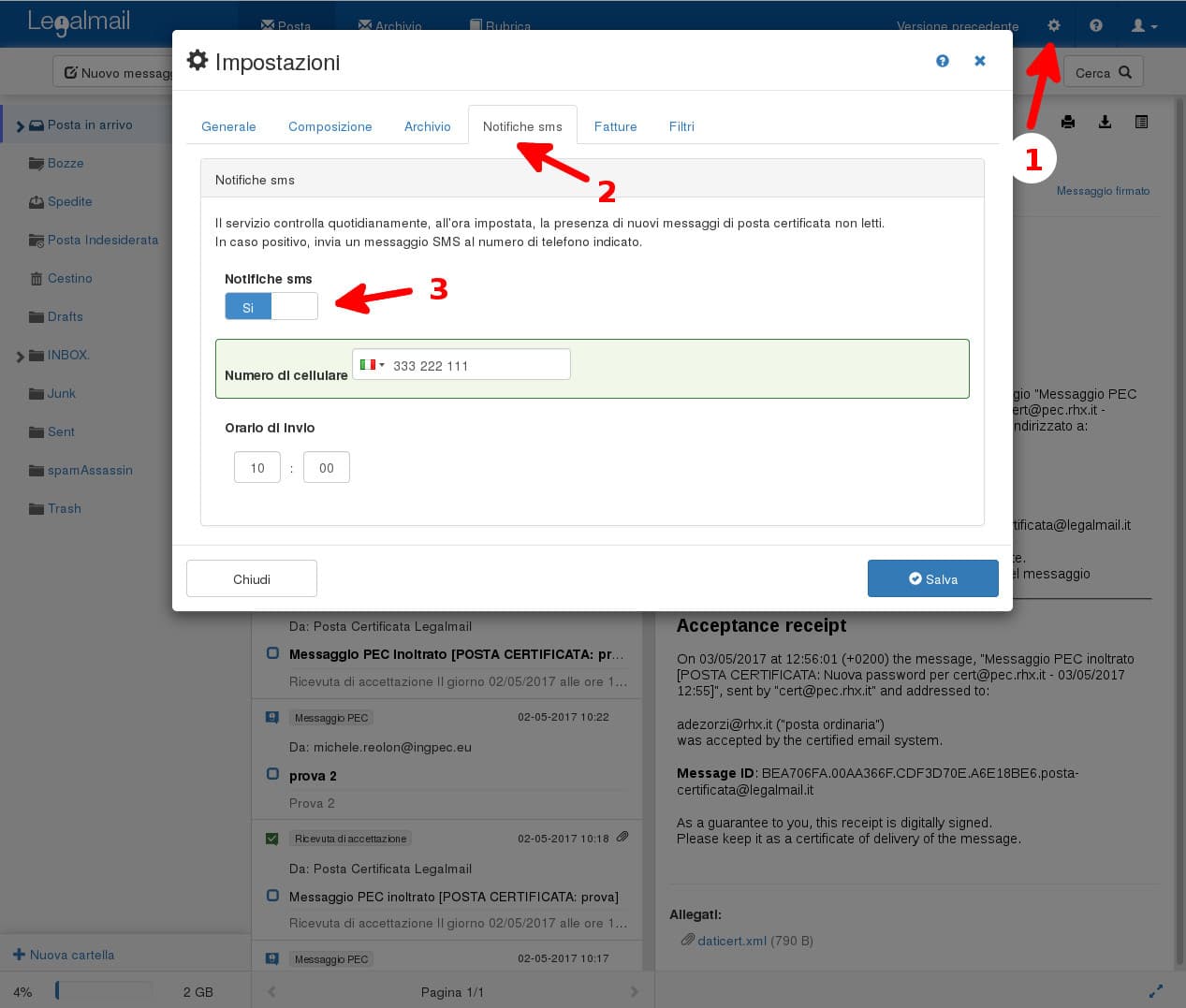Attivare la notifica SMS al ricevimento delle PEC