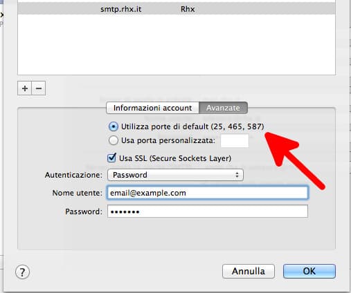 Configura client di posta per spedire e-mail con SMTP RHX (richiesto STARTTLS)
